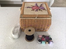 Lovely Vintage Plastic Rattan & Embroidery Sewing Basket With Accessories VGC
