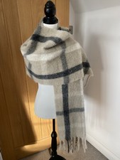 ZARA Wool Blend Plaid Check Cream Grey Beige Scarf - NEW