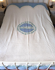 BEAUTIFUL FRENCH VINTAGE DOUBLE BED THROW HEAVY CREAM WOVEN COTTON LACE & RIBBON