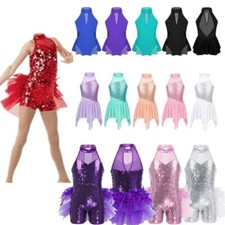 Kids Girl Sequins Jazz Latin Dance Costume Stage Performance Leotard Dress UK