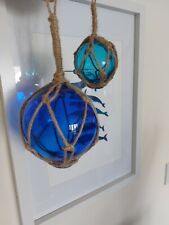 Set of 2 10cm & 5cm Blue Turquoise Glass Buoy Fishermans Ball Float Rope Fishing
