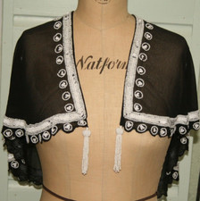 BNWT VINTAGE BIBA BLACK SHOULDER CAPE, WHITE BEADS & SEQUINS, ONE SIZE, UNWORN
