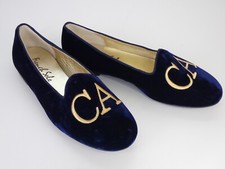 French Sole Loafers Hefner Flats Blue Velvet CA Gold Embroidery Opera Shoes UK 8