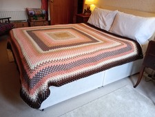 Large hand crocheted THROW, brown coffee cream peach, retro style Granny Square