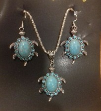 Beach Turtle Turquoise Tortoise Pendant EARRINGS Charm Silver Necklace Set UK