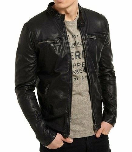 Jacket leather biker - leather, slim
