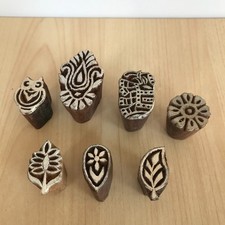 Wooden Fabric Printing Block Stamps x 7 Hand Carved Owl Leaf Flower Fruit