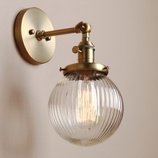 Vintage Industrial Wall Lamp Sconce 5.9" Round Ribbed Glass Shade Light w Switch
