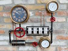 Industrial Pipe Clock With Faux Pressure Gauge, Dials, Cogs and Pipes