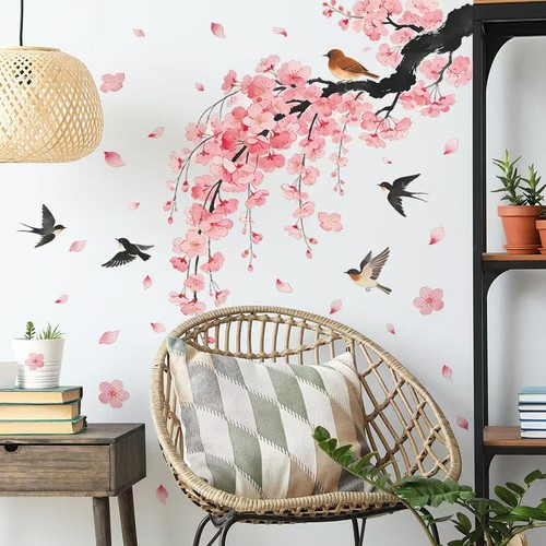 Pink flower tree branch wall - pink,