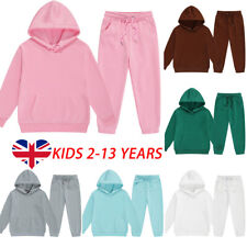 Boys Girls Plain Hoodie Tracksuit Set Kid Hooded Fleece Sweatshirt Top+Pant Suit