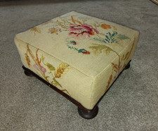 Antique Victorian Footstool ~ Needlepoint Upholstered ~ Square with Bun Feet