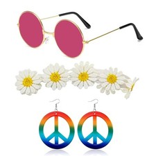 3 Pcs Hippie Set 60s Fancy Dress Daisy Headband Pink Glasses & Peace Earrings