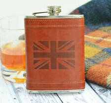 New Hip Flask 8oz Stainless Steel with Brown Leather Union Jack, 