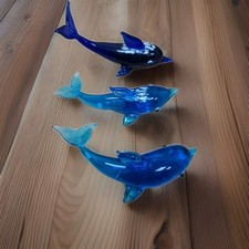 Three Blue Hand Blown Art Glass Dolphins Possibly Pirelli Italian