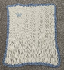 Vintage Small Hand Crochet Baby Doll Pram Blanket Blue & White Butterfly Motif