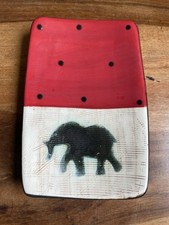 Elsona Hand Painted African Elephant Red Stonewear Dish Tray Signed