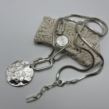 Envy Statement Necklace Silver Tone Chain Coin Disc Pendant Lagenlook 38”