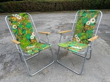 Vtg Retro Pair Green Floral Print Deck Chairs Campervan VW 70s Goodwood Revival