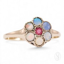 VICTORIAN BLOOM Antique 9K Yellow Gold Solid Opal Set Flower Form Cluster Ring