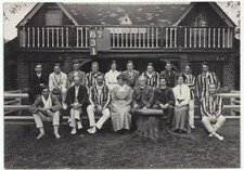 Photograph. Unidentified Cricket Team & Guests at Pavilion, Striped Blazers.