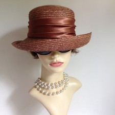 Light Bronze Small Brim Straw Hat With Satin Ribbon Church Races Weddings Summer