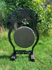 Antique Carved Hardwood Dinner Gong with Brass Gong & Beater