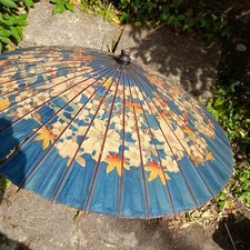 Hand held sun parasol Blue  paper floral decorative and useful 