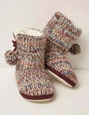 FAT FACE CARRIE KNITTED COSY BORG FLEECE LINED POM POM TRIM SLIPPER BOOTS  SZE M