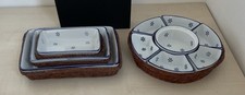 Matching set various blue&white ceramic serving dishes in rattan fitted baskets