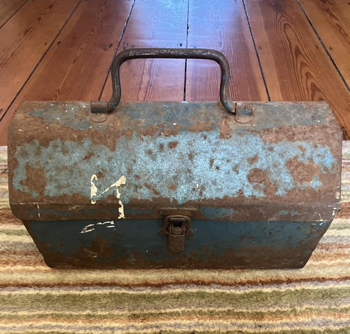 Vintage blue metal tool box - tool,
