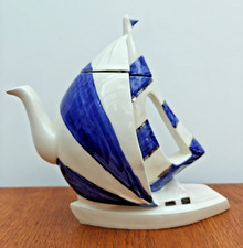 Blue & White Sailing Yacht in Full Sail Novelty Decorative Ornamental Tea Pot