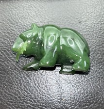 Vtg Hand Carved Nephrite Jade Bear Salmon in mouth Miniature Figurine Sculpture 