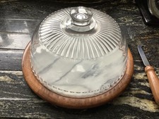 Teak Round Wood and Marble Glass Covered Cheese Board and knife 