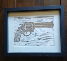 Original Framed Print From Linocut Smith And Wesson Pistol By Lilly Rouge Prints