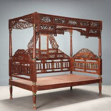 Antique Canopy Bed Exotic Wood Carvings India XX Century Original
