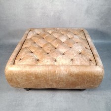 Tan Leather Chesterfield Style Large Square Footstool Pouffe Rustic