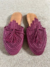 MOROCCAN Burgundy Wine Woven Raffia Leather Slip On Flats Slides Shoes UK7