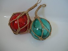 Glass Fishing Boat Net Floats Turquoise & Red Buoys Balls Japanese Garden 135mm