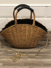 Zara Straw Small Basket Bag, Zip Closure, Removable Gold Tone Chain, BN
