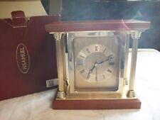 H SAMUEL BRASS WOOD COLUMN MANTEL CLOCK VGC BOXED 19.5 X 18.5 X 10CM
