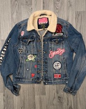 Superdry Ladies Sherpa Denim Truck Jacket Badges Embroidered Size SmallUK10
