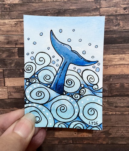 Aceo original folk art whale - original,
