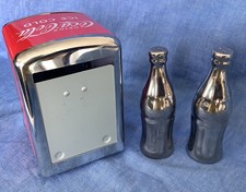 COCA-COLA Steel Napkin Dispenser With Classic Logo + Salt & Pepper Coca Bottles
