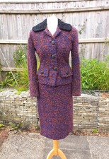 Vintage Fantos 1950s Boucle Wool Tweed Astrakan Skirt Suit Jacket Orange Blue XS