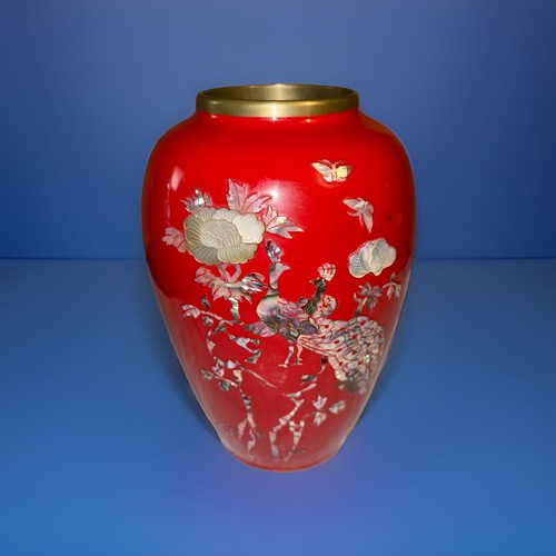 Red enamel brass vase - enamel/brass, mother