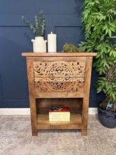 Hand-Carved Wooden Bedside Table | Rustic Boho Nightstand | Solid Wood Furniture