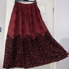 VINTAGE Womens Gypsy Boho Embroidered Skirt Large  Black Burgundy Maxi New 