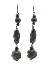 Pair Antique Victorian Carved Irish Bog Oak Earrings Mourning Jewellery c.1880