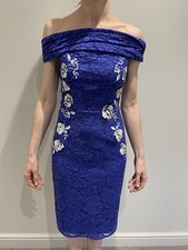 Coast Sleeveless Bardot Embroidered Lace Dress Blue lined size 6 with fascinator